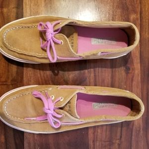 Sperry Top Sliders brown corduroy with pink accent